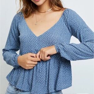 Pacsun Shirt Womens Small Mini Floral Peplum Babydoll Long Sleeve VNeck Blue NWT